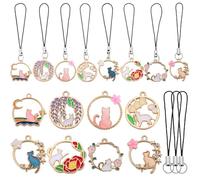 SUNNYCLUE 1 B0X 32Pcs 8 Styles Phone Charms Strap Cute Cat Charms Enamel Alloy Kawaii Wreath Animals Pet Round Chaining Charms for DIY Wallet Keychain Cellphone Case Bag Camera Decoration Adults Women