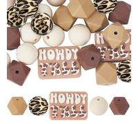 SUNNYCLUE 1 Bag 27Pcs 5 Styles Brown Silicone Beads Print Silicone Beads Cowboy Theme Round Octagon Hexagon Leopard Rectangle Cow Focal for Keychains Making Assortments DIY Beaded Pens
