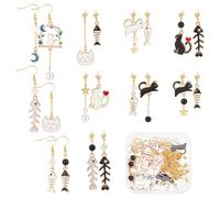SUNNYCLUE 1 Box 10 Pairs Black White Cat Earrings Dangle Making Starter Kit Pets Fish Bone Charms Lovely Animal Charm Glass Beads for Jewellery Making Kits Beginners Adults Women DIY Craft Supplies