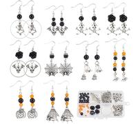 SUNNYCLUE 1 Box 10 Pairs Halloween Earrings Dangle Making Starter Kit Skeleton Bone Spider Pumkin Charms Glass Beads for Jewellery Making Kits Beginner Adult Women DIY Dangle Earrings Craft Supplies