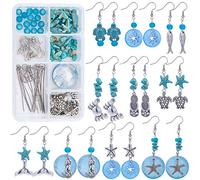 SUNNYCLUE 1 Box 10 Pairs Starfish Mermaid Turtle Crab Earring Making Kit - Ocean Beach Theme Glass & Synthetic Turquoise Beads & Brass Earring Hooks for DIY Jewelry Making Earring Accessories