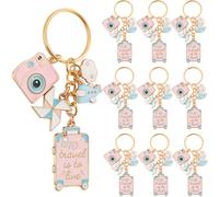 SUNNYCLUE 1 Box 10 Sets Travel Themed Keychains Bulk Airplane Key Chain Pack Cute Pink Enamel Metal Journey Pilot Camera Luggage Charms for Handbags Party Wedding Favor Diy Purse Car Door Keys Women