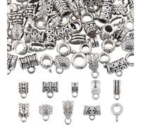 SUNNYCLUE 1 Box 100Pcs 10 Styles Bail Beads Bulk Silver Bail Beads Clasp Tibetan Alloy Retro Tube Rondelle Flower Spacer Bead Hanger Charm for Jewelry Making Charms Supplies DIY Bracelets Necklaces