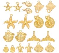 SUNNYCLUE 1 Box 100pcs 10 Styles Gold Ocean Charms Seashell Charms Alloy Summer Animal Starfish Shell Conch Fish Fishtails Shark Luck Turtles Pendants for Jewelry Making Women Summer Party Supplies