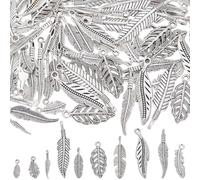 SUNNYCLUE 1 Box 100pcs 10 Styles Silver feathers Charms Bulk Leaf Charms Silver Alloy Tibetan Style Spring Autumn Metal Tree Leaves Charm For Jewellery Making Women Bracelet Crafting Projects Supplies