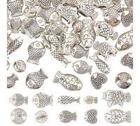 SUNNYCLUE 1 Box 100Pcs 10 Styles Silver Fish Beads Fishes Beads Metal Alloy Tibetan Antique Ocean Summer Animal Spacer Beads for Jewelry Making Supplies DIY Crafting Necklace Bracelet Anklets Adults