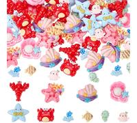 SUNNYCLUE 1 Box 100Pcs 10 Styles Summer Beach Resin Charms Ocean Cabochons Flatback Sea Animals Cartoon Starfish Sea Horse Fish Shell Lobster Cabochons for DIY Scrapbooking Craft Hair Clip Phone Case