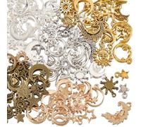 SUNNYCLUE 1 Box 100Pcs 5 Color Sun Moon Star Charms Galaxy Charms Silver | Bulk Gold Alloy Hollow Lunar Gear Planet Pendants for Jewellery Making Supplies DIY Crafting Necklace Bracelet Earring Adults