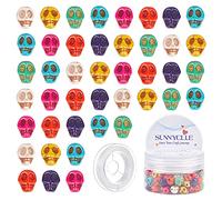 SUNNYCLUE 1 Box 100Pcs Synthetic Turquoise Skull Beads Skeleton Head Charms Colorful Gemstone Loose Spacer Bead Halloween Themed Decorations with Elastic Thread for Jewelry Making Crafts, Mixed Color