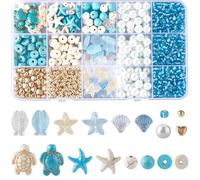 SUNNYCLUE 1 Box 1080Pcs Ocean Beads Kit Sea Turtle Startish Beads Hawaii Summer Ocean Bead Glass Scallop Fish Beads Blue White Stone Beads for Jewellery Making DIY Earrings Bracelet Necklace Crafts