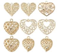 SUNNYCLUE 1 Box 10Pcs 5 Styles Real 18K Gold Plated Brass Heart Charm Hollow Hearts Charms Bulk Metal Valentines Themed Love Pendants Finding for Jewellery Making Necklace Earring DIY Craft