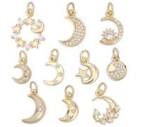 SUNNYCLUE 1 Box 10Pcs Real 18K Gold Plated Brass Celestial Charm Crystal Moon Charms Bulk Rhinestone Cubic Zirconia Crescent Moon Star Pendants for Jewelry Making Earring Necklaces Bracelet Key Chain