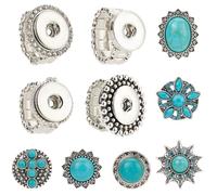 SUNNYCLUE 1 Box 10Pcs Snap Button Rings Including 4Pcs Finger Rings Settings with 6Pcs Crystal Rhinestone Resin Imitation Turquoise Interchangeable Snap Buttons for Women Adults DIY Crafts Supplies