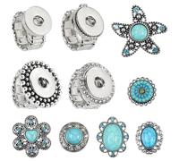 SUNNYCLUE 1 Box 10Pcs Snap Button Rings Including 4Pcs Interchangeable Ring Settings with 6Pcs Rhinestone Resin Imitation Turquoise Beads Vintage Snap Buttons for Women Adults DIY Crafts Supplies