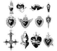 SUNNYCLUE 1 Box 12 Styles Gothic Heart Charms Sacred Heart Charms Halloween Dark Black Goth Cross Skull Coffin Antique Silver Enamel Pendants for Jewelry Making Earrings Necklace Bracelet DIY Crafts