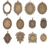 SUNNYCLUE 1 Box 12 Styles Pendant Tray Blanks Bezel Pendant Trays Bronze Antique Tibetan Metal Base Oval Cabochon Settings Frame Cameo Dangle Charms for Jewellery Making Photo Bridal Wedding Crafts