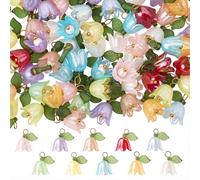SUNNYCLUE 1 Box 120Pcs 10 Colors Floral Acrylic Charms Lily Flower Charms Bulk Brass Loops Plastic Blossom Spring Colorful Dangle Flowers Pendants for Jewellery Making Supplies DIY Earring Bracelet