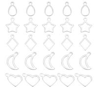 SUNNYCLUE 1 Box 120Pcs 5 Styles Hollow Moon Charm Open Bezel Charms Bulk Stainless Steel Silver Heart Star Teardrop Rhombus Frame Resin Bezels Pendants for Resin Jewellery Making Necklace Earrings