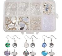 SUNNYCLUE 1 Box 120pcs Cabochon Pendant Stud Earrings Making Kit 60pcs Earring Bezel Settings with 60pcs 12mm Clear Glass Cabochons, Ear Hooks(Dangle Earrings & Stud Earring, Silver)