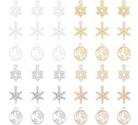 SUNNYCLUE 1 Box 120Pcs Winter Snowflake Charms Gold Christmas Charm Bulk Alloy Antique Silver Holiday Xmas New Year Mini Snow Flake Bead Charms for Jewelry Making Charms DIY Necklace Earrings Supplies