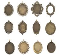 SUNNYCLUE 1 Box 12Pcs 12 Styles Bezel Pendant Blanks Bronze Pendant Trays Bulk Antique Frame Metal Cameo Oval Photo Charms for Jewellery Making DIY Craft Bouquet Bridal Wedding Brides Graduation Women