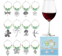 SUNNYCLUE 1 Box 12Pcs 12 Styles Green Wine Glass Charms Silver Drink Charms Metal Alloy The Tree of Life Dragonfly Butterfly Flower Leaf Beaded Identifier Tags for Stem Glasses Tasting Party Supplies