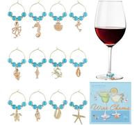 SUNNYCLUE 1 Box 12Pcs 12 Styles Ocean Wine Glass Charms Gold Wine Charm Rings Metal Alloy Blue Beads Summer Sea Beach Hawaii Identifier Drinks Tags for Stem Glasses Tasting Parties Decor Supplies