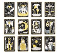 SUNNYCLUE 1 Box 12Pcs 12 Styles Tarot Card Enamel Pin Constellation Brooch Black Gold Metal Zinc Alloy Divination Themed Moon Star Sun Lapel Pins Set for Backpacks Bags Clothing Decor Accessories