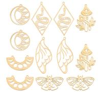 SUNNYCLUE 1 Box 12Pcs 6 Style Tarot Style Real Stainless Steel Charms Moon Phase Charm Mushroom Charms for Jewellery Making Moth Snake Butterfly Wing Charm Earrings Necklace Supplies Adult Craft
