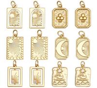 SUNNYCLUE 1 Box 12Pcs 6 Styles Real 18K Gold Plated Rectangle Charms Gold Sun Moon Charms Bulk Brass Vintage Tarot Magic Metal Dangle Square Pendants for Jewellery Making Keychain Bag Supplies DIY