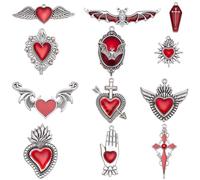 SUNNYCLUE 1 Box 12Pcs Gothic Sacred Heart Charms Halloween Heart Charm Alloy Enamel Antique Silver Witchy Bat Cross Wings Red Love Pendants for Jewellery Making Earrings Necklace Bracelet DIY Crafts