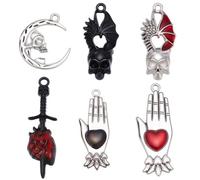 SUNNYCLUE 1 Box 12Pcs Skeleton Head Charms Halloween Gothic Charms Alloy Enamel Terror Punk Skull Hand Heart Moon Pendants for Necklaces Bracelets Earring Keychain Jewellery Making DIY Crafts Supplies