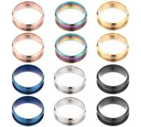 SUNNYCLUE 1 Box 12Pcs Stainless Steel Ring Blanks US Size 7 Grooved Finger Rings Blue Black Golden Core Blank Cores Round Groove Empty Inlay for Resin Craft jewellery Making Kits