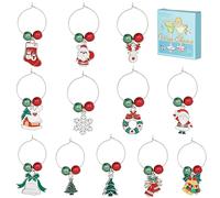 SUNNYCLUE 1 Box 12Sets Christmas Wine Charms Drink Identifiers Silver Wine Glass Markers Enamel Christmas Tree Red Green Bead Glass Beading Rings Identification for Party Tasting Favor UK