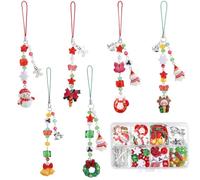 SUNNYCLUE 1 Box 131Pcs DIY 6 Sets Phone Charms Kit Christmas Phone Charm Strap Winter Bell Snowman Xmas Wreath Pendants Green Red Glass Beads for Women Adults Keychain Cellphone Case Holiday Decor