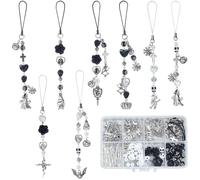 SUNNYCLUE 1 Box 149Pcs DIY 8 Sets Halloween Phone Charms Making Kit Gothic Phone Charm Pumpkin Skeleton Bat Spider Pendants Black White Skull Beads for Women Adults Cellphone Case Keychains Bag Camera