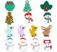 SUNNYCLUE 1 Box 14Pcs Christmas Silicone Beads Silicone Focal Beads Bulk Snowman Christmas Tree Shaped Beaded Reindeer Animal Shapes Large Beads for Pens Lanyard Garland Keychain Making Supplies