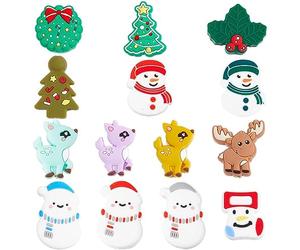 SUNNYCLUE 1 Box 14Pcs Christmas Silicone Beads Silicone Focal Beads Bulk Snowman Christmas Tree Shaped Beaded Reindeer Animal Shapes Large Beads for Pens Lanyard Garland Keychain Making Supplies