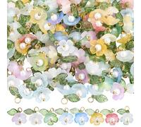 SUNNYCLUE 1 Box 160Pcs 8 Colors Flower Pearl Charms Floral Charm with Green Leaf Acrylic Spring Blooming Flowers Pendants for Jewellery Making DIY Crafts Necklace Earring Bracelets Keychains