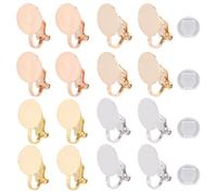 SUNNYCLUE 1 Box 16Pcs 4 Colors Clip On Earring Blanks Earring Converter Kit Real 18K 14K Gold Plated Brass Flat Back Round Tray Ear Finding with Silicone Pad for Non Piercing Jewellery Making DIY