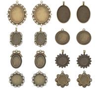 SUNNYCLUE 1 Box 16Pcs 8 Styles Blank Oval Bezel Pendant Bronze Cabochon Tray 30mm Antique Alloy Metal Round Frame Base Cabochons Large Trays for Jewellery Making DIY Necklace Crafts Photo Findings