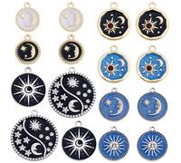 SUNNYCLUE 1 Box 16Pcs 8 Styles Enamel Sun Charm Crescent Moon Charms Bulk Metal Flat Round Black Tarot Star Celestial Pendants for Necklace Earring Bracelets Jewellery Making Finding Crafts Supplies