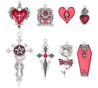 SUNNYCLUE 1 Box 16Pcs 8 Styles Gothic Charms Bulk Halloween Gothic Charms Antique Assorted Red Heart Rose Skull Bat Cross Enamel Pendants for Jewellery Making Earrings Necklace Bracelet DIY Crafts