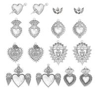 SUNNYCLUE 1 Box 16Pcs 8 Styles Gothic Heart Charms Sacred Heart Charms Bulk Tibetan Silver Alloy Wings Holiday for Jewellery Making DIY Necklace Bracelet Earring Halloween Decoration