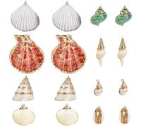 SUNNYCLUE 1 Box 16Pcs 8 Styles Natural Shell Charm Seashells Charms Bulk Summer Sae Ocean Beach Theme Spiral Cowrie Conch Shells Charm with Golden Iron Findings for Jewellery Making Charms DIY Crafts