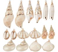 SUNNYCLUE 1 Box 16Pcs 8 Styles Natural Shell Charms Beach Charms Bulk Cowrie Electroplate Gold Ocean Spiral Sea Conch Shells Charm for Jewellery Making Charms Summer DIY Keychain Earrings Necklace