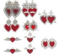 SUNNYCLUE 1 Box 16Pcs 8 Styles Valentines Heart Wing Charms Silver Red Heart Enamel Charm Bulk Antique Alloy Gothic Vintage Mexican Milagro Pendants for Jewellery Making Earrings Necklaces DIY Crafts