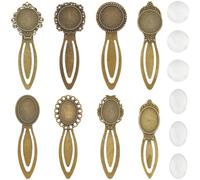 SUNNYCLUE 1 Box 16pcs 8styles Blank Metal Bookmarks Bulk Antique Bookmark Glass Cabochon Vintage Alloy Antique Bronze Books Reading Page Markers Kits for Women Birthday Party Gifts DIY Accessories
