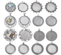 SUNNYCLUE 1 Box 16Pcs Cabochon Bezels Vintage Style Antique Silver Blank Bezel Trays Flat Round Charm Pendant Tray Charms Memorial Photo Blanks Bezel for DIY Wedding Bouquet Graduation Inner Dia 25mm