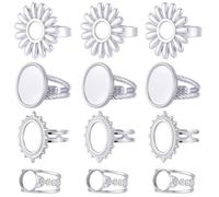 SUNNYCLUE 1 Box 16Pcs Cabochon Ring Blanks Stainless Steel Bezel Ring Blank Silver Antique Sun Flower Adjustable Finger Base Tray Findings Components for Jewellery Making DIY Gifts Accessories